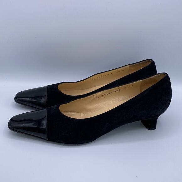 Salvatore Ferragamo Black Suede Patent Cap Square Toe Kitten Heel Pump 8 1/2 B - Picture 3 of 10